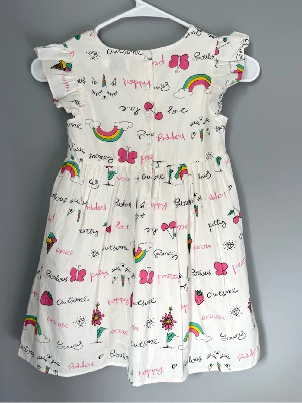 Lola + The Boys White Rainbow & Strawberry Print Ruffle Sleeve Dress